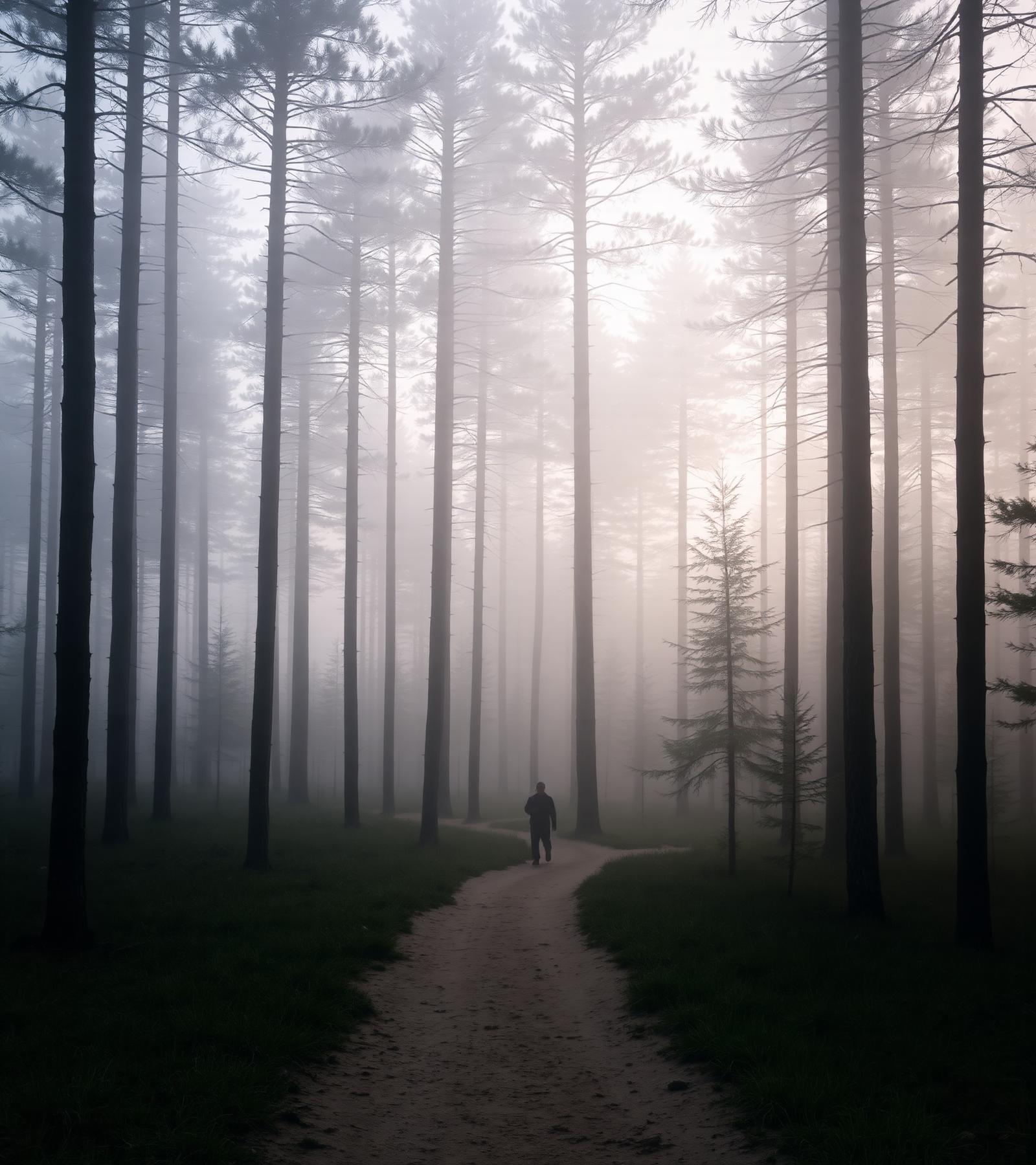 A pilgrim walking through misty Scandinavian forest